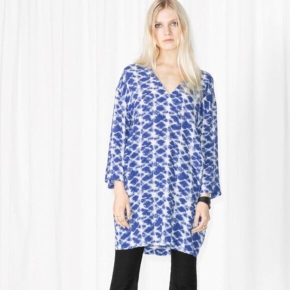 & Other Stories Short Blue Dress Coastal Grandma Beach Resort Ikat Boho Vacation - Picture 1 of 16
